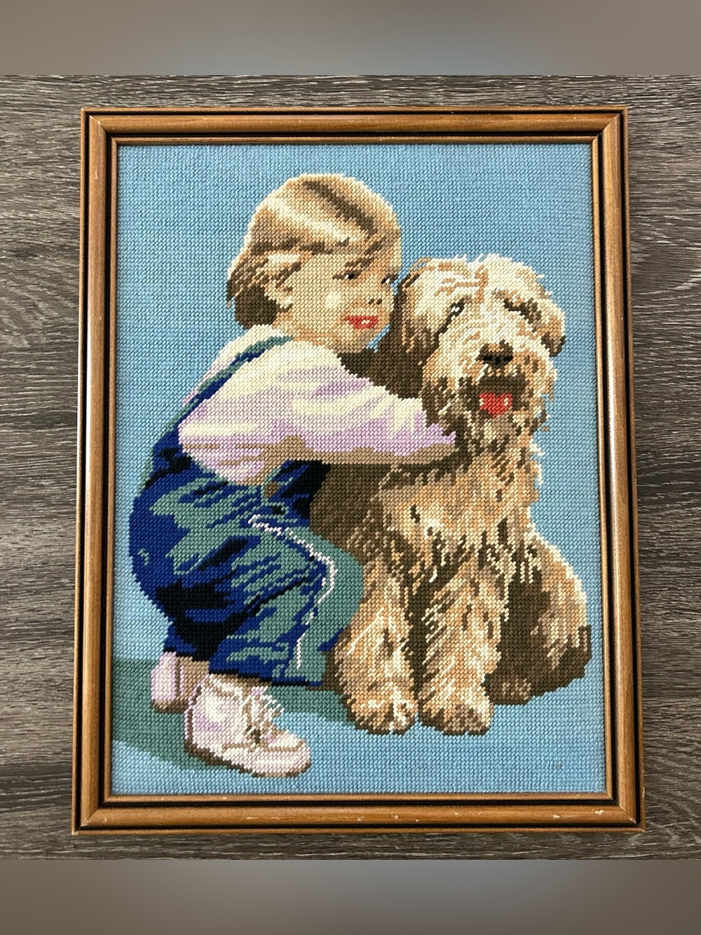 Vintage Needlepoint Kid Child Hugging Shaggy Dog 13x17” Framed Hanging Handmade